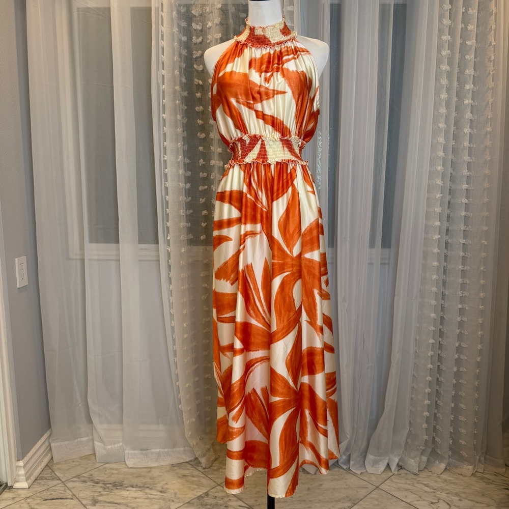 MELLODAY Vibrant Orange and Cream Maxi Dress